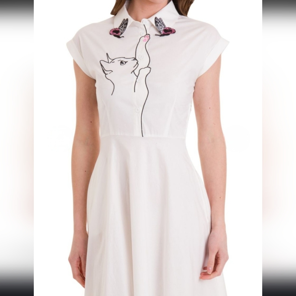 Banned Retro White Meow Cat and Butterfly Dress